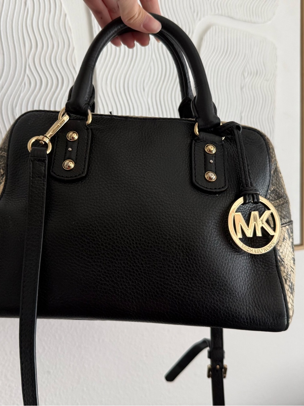 Michael Kors Black Leather Satchel with Gold MK Medallion